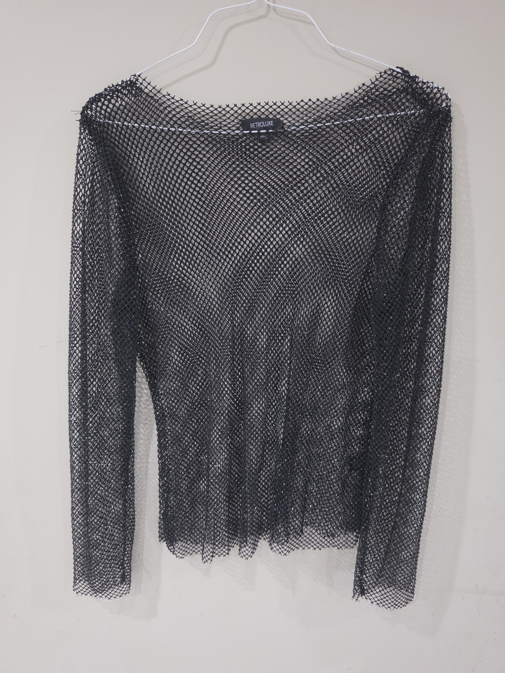 BKE Retroluxe Black Sparkle Fishnet Mesh Long Sleeve Top XL Y2K